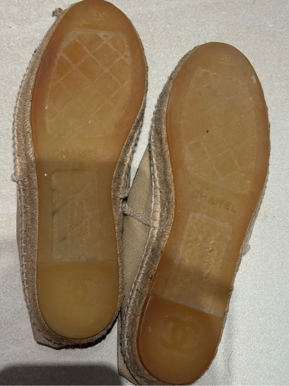 CHANEL Tan Canvas Espadrilles with Black Cap Toe